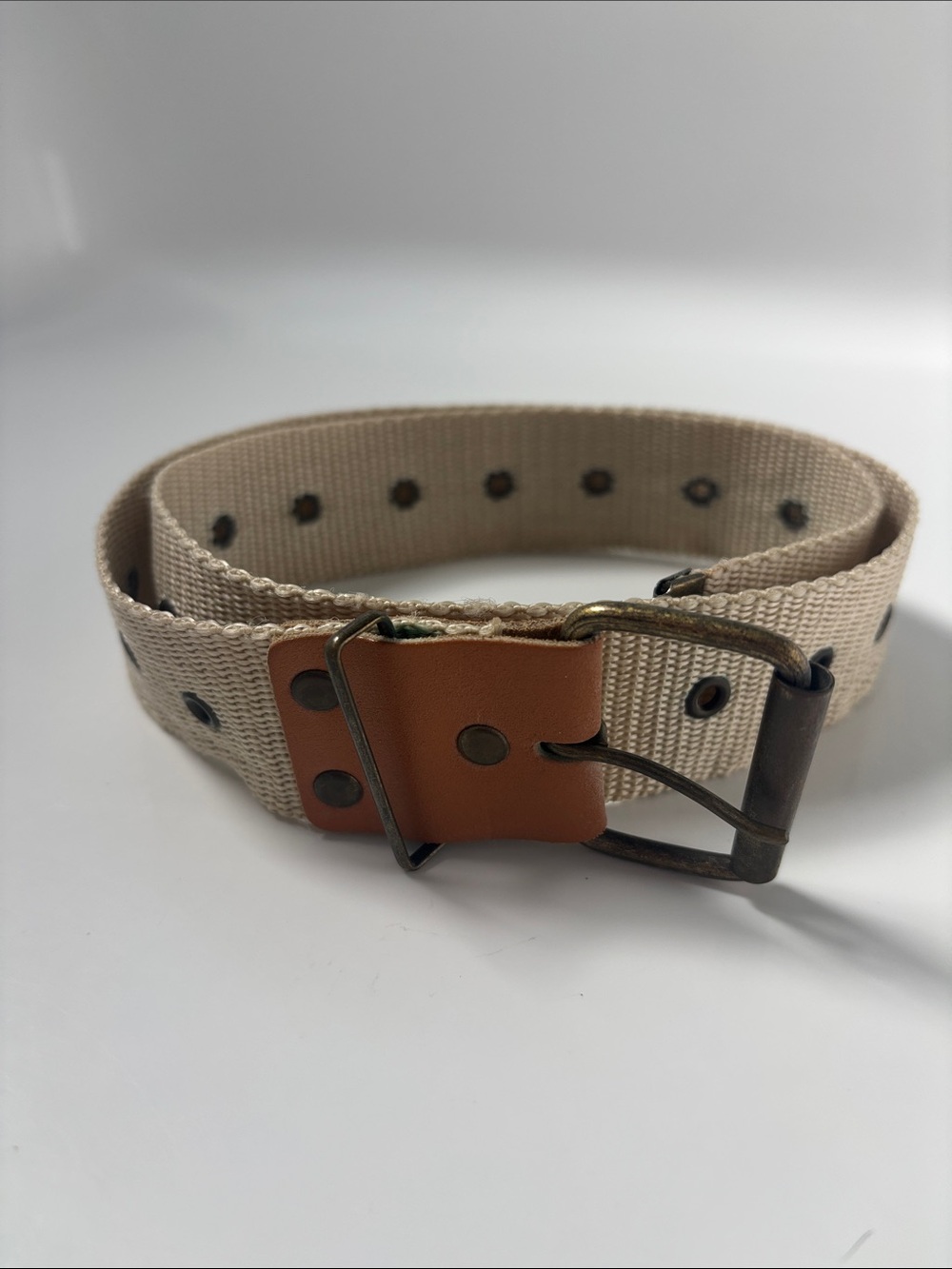 Canvas Webbing Belt in Beige with Leather Accent